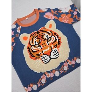 Floral Tiger Print Sweater - Blue and Orange
